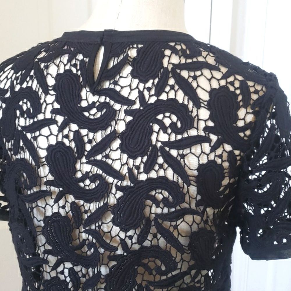 LOFT Black Crochet Lace Sheer Top Short Sleeve Keyhole Petite Medium PM - Picture 9 of 12